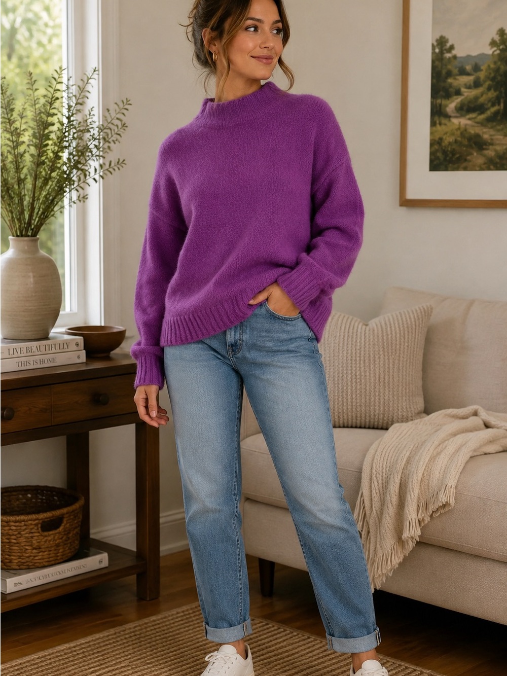 Marled Womens Sweater XS Purple Mock Neck Soft Fuzzy Knit Pullover Cozy